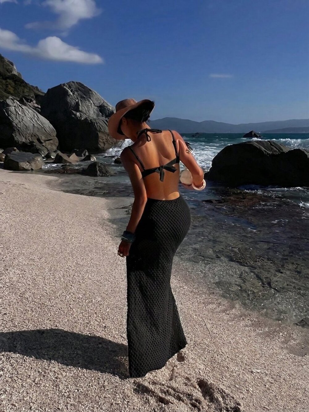 Black Women's Vacation Shell Trim Cutout Waist Halter Neck Cover Up Dress - Picture 2 of 8